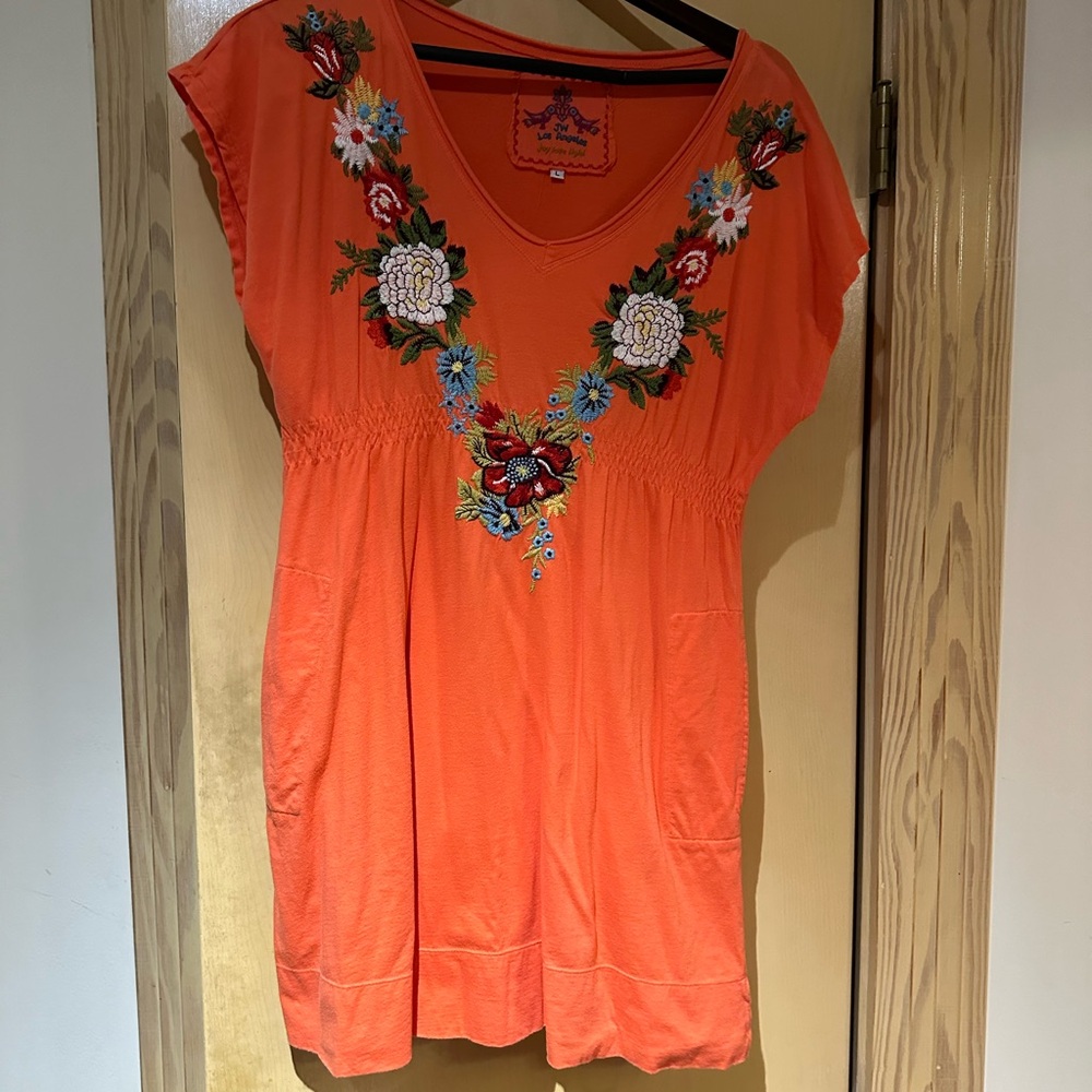 JW Los Angeles Orange Short Cotton Dress with Embroidered Flowers